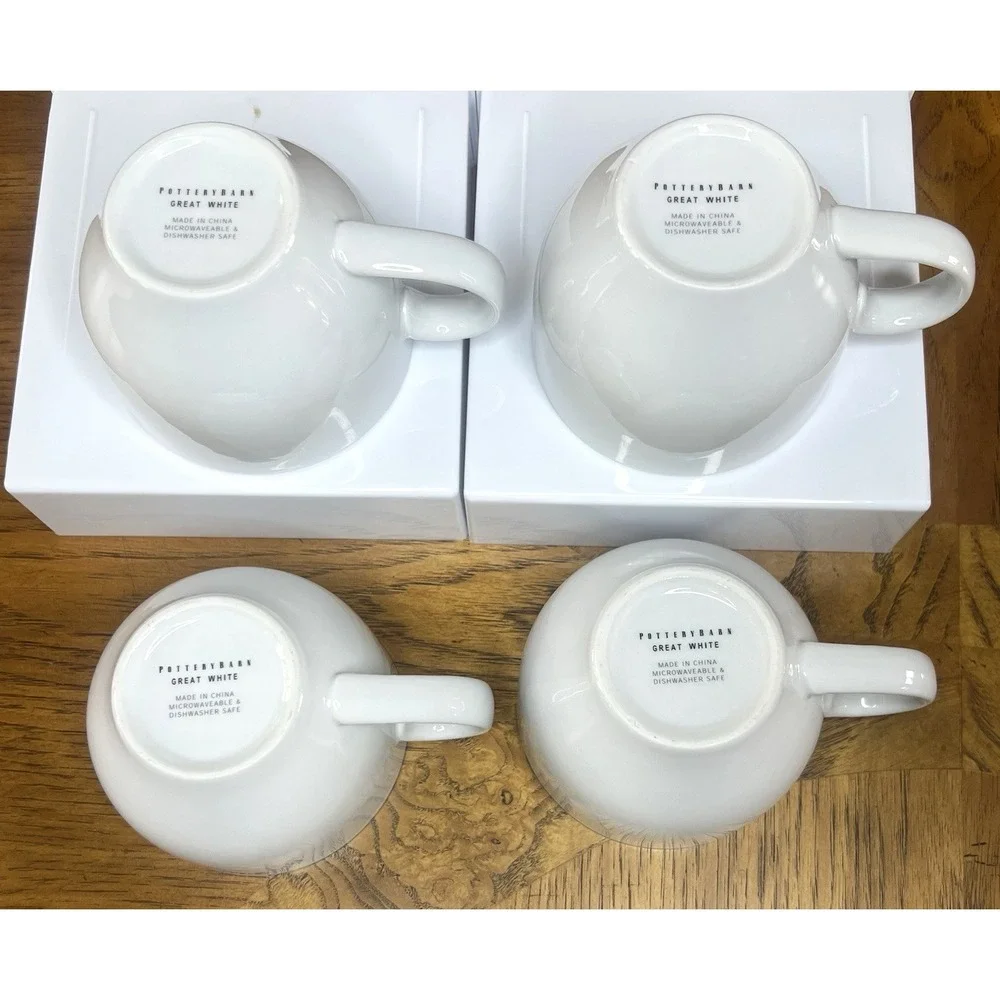 4 Pottery Barn Great White Coffee Mug Cup Set Standard 8 oz Size EUC